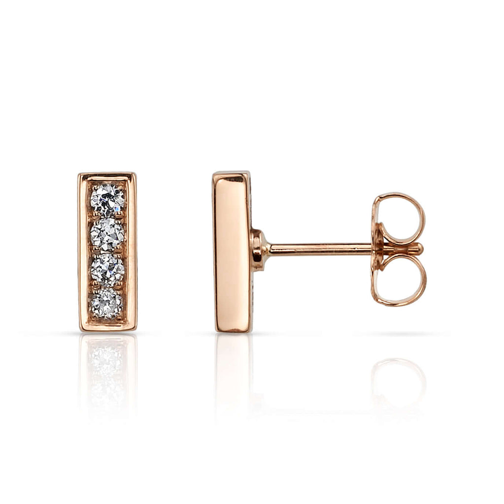 Single Stone's PAVÉ MONET STUDS earrings  featuring Approximately 0.20ctw G-H/VS old European cut diamonds pavè set in handcrafted bar stud earrings. 
