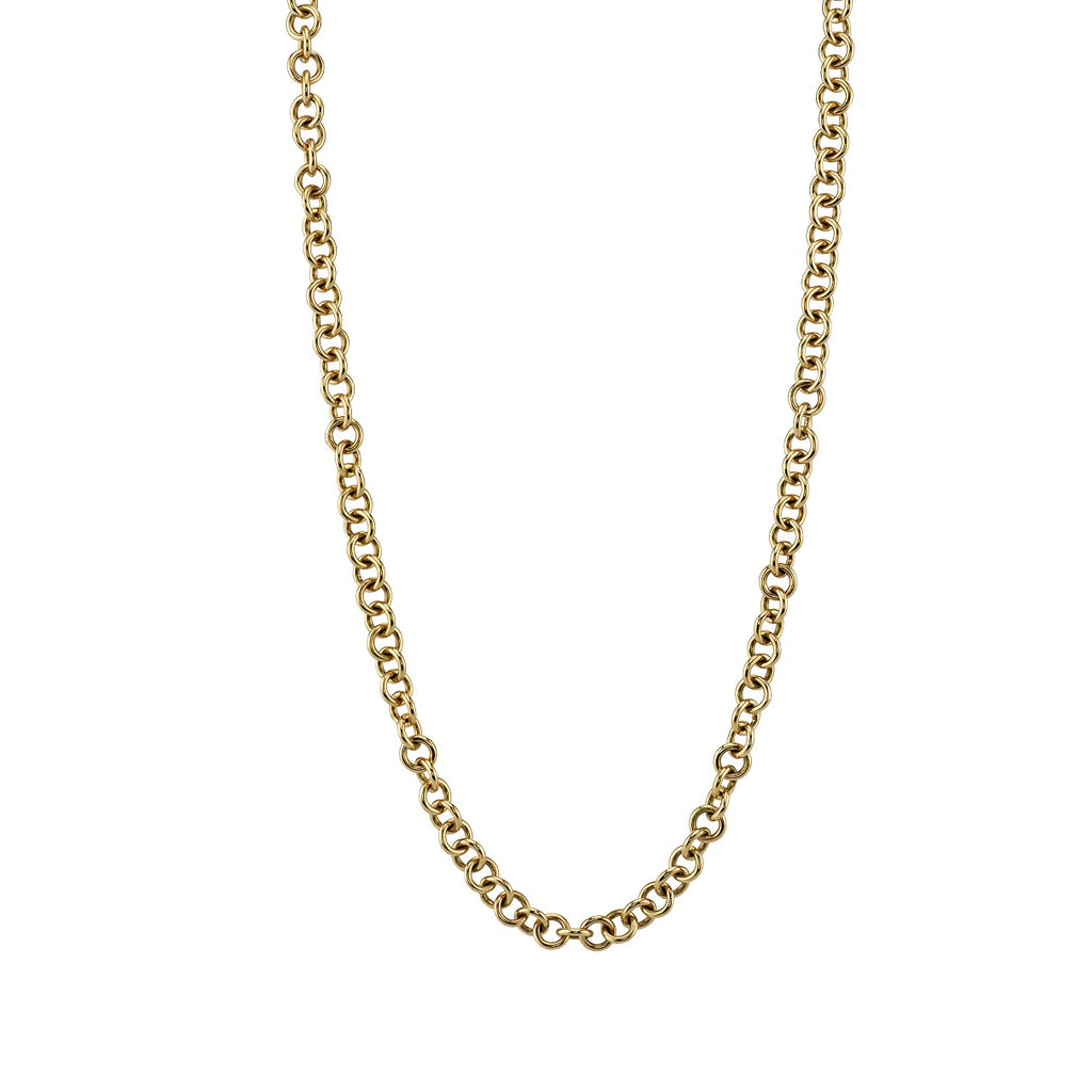 
Single Stone's Mini club chain  featuring Handcrafted 18K yellow gold small club chain. Chain shown measures 27". 
Price does not include charms.
