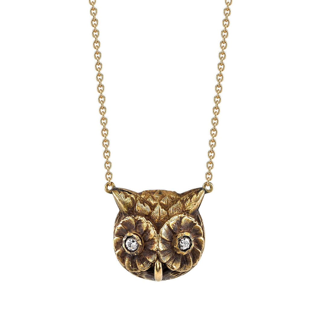 Single Stone's OWL PENDANT NECKLACE  featuring 0.11ctw G-H/VS old European cut diamonds set in a handcrafted 18K yellow gold owl pendant necklace. Available in a polished or oxidized finish. Necklace measures 16&quot;.
