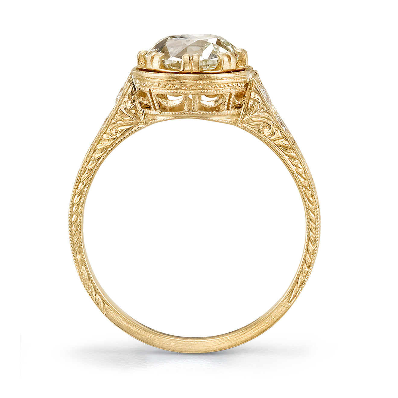 SINGLE STONE AUBREY RING featuring 1.20ct J/VS2 EGL certified old European cut diamond with 0.13ctw old European cut accent diamonds set in a handcrafted 18K yellow gold mounting.