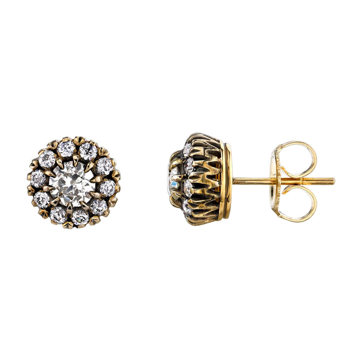 SINGLE STONE TALIA STUDS | Earrings featuring 0.66ctw G-H/VS old European cut diamonds prong set in handcrafted oxidized 18K yellow and champagne gold cluster stud earrings.