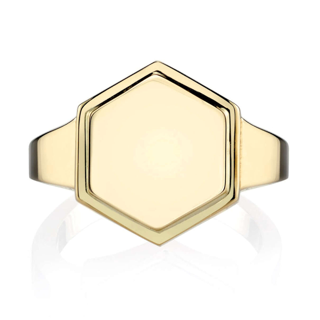 
Single Stone's Zoe ring  featuring Vintage inspired 18K yellow gold hexagon signet ring. Available with or without diamonds.
Price includes monogrammed engraving of up to three letters in any of the styles shown above - please be sure to specify before placing your order. Please contact us to inquire about additional customization.

