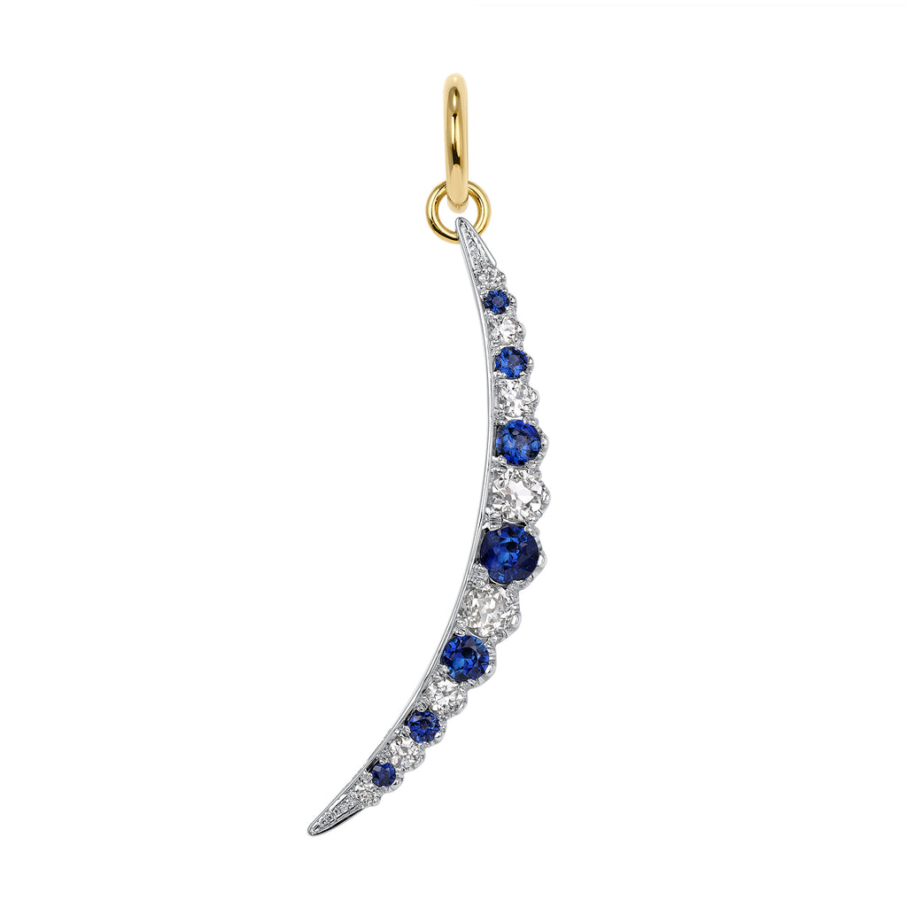Single Stone's LARGE OPHELIA WITH DIAMONDS AND GEMSTONES  featuring Approximately 0.95ctw G-H/VS-SI old European cut diamonds alongside approximately 1.15ctw round cut color gemstones prong set in a handcrafted 18K yellow gold and platinum crescent moon charm. Price does not include chain. 

