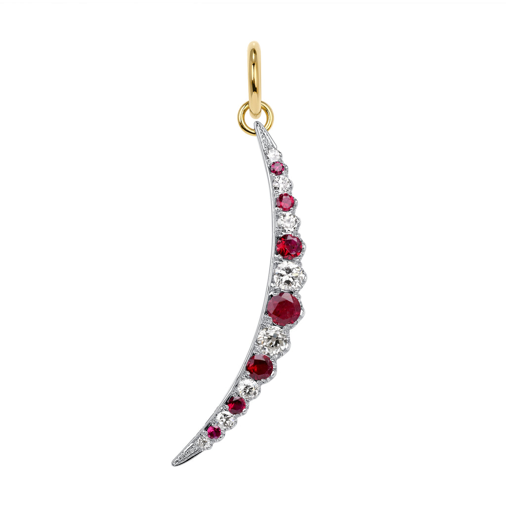 Single Stone's LARGE OPHELIA WITH DIAMONDS AND GEMSTONES  featuring Approximately 0.95ctw G-H/VS-SI old European cut diamonds alongside approximately 1.15ctw round cut color gemstones prong set in a handcrafted 18K yellow gold and platinum crescent moon charm. Price does not include chain. 
