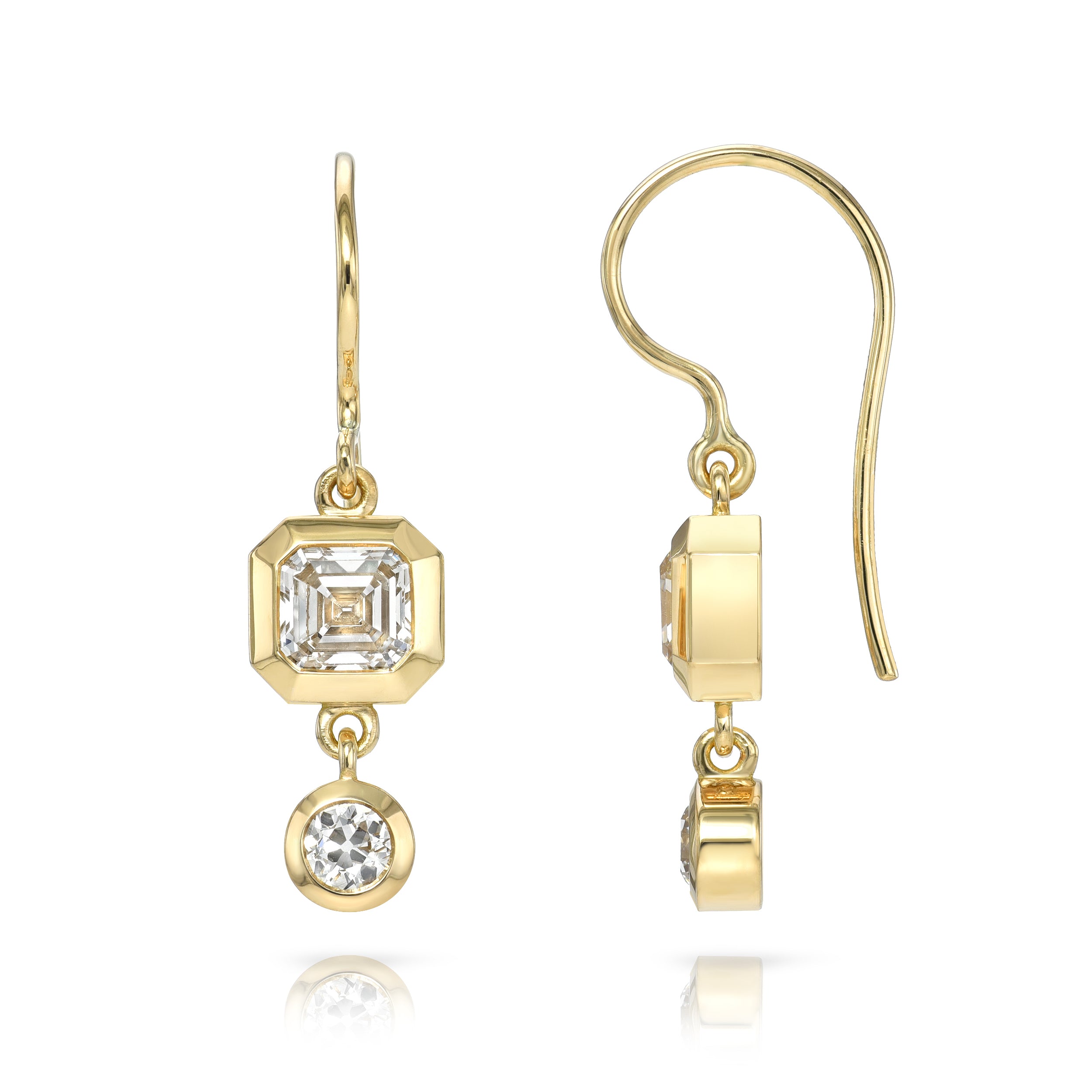 SINGLE STONE PALOMA DOUBLE DROPS | Earrings featuring 2.06ctw K/VS2 GIA certified emerald cut diamonds with 0.43ctw G-H/VS old European cut accent diamonds bezel set in handcrafted 18K yellow gold double drop earrings.