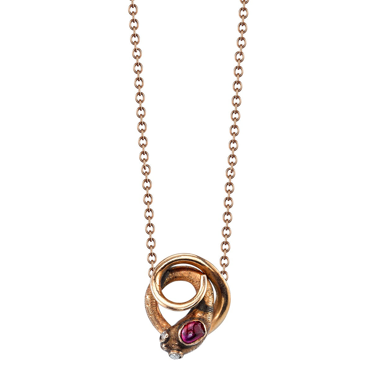 SINGLE STONE BENSON featuring 0.06ct rose cut ruby set in a vintage Victorian era 18K rose gold snake pendant on an 18K rose gold link chain.