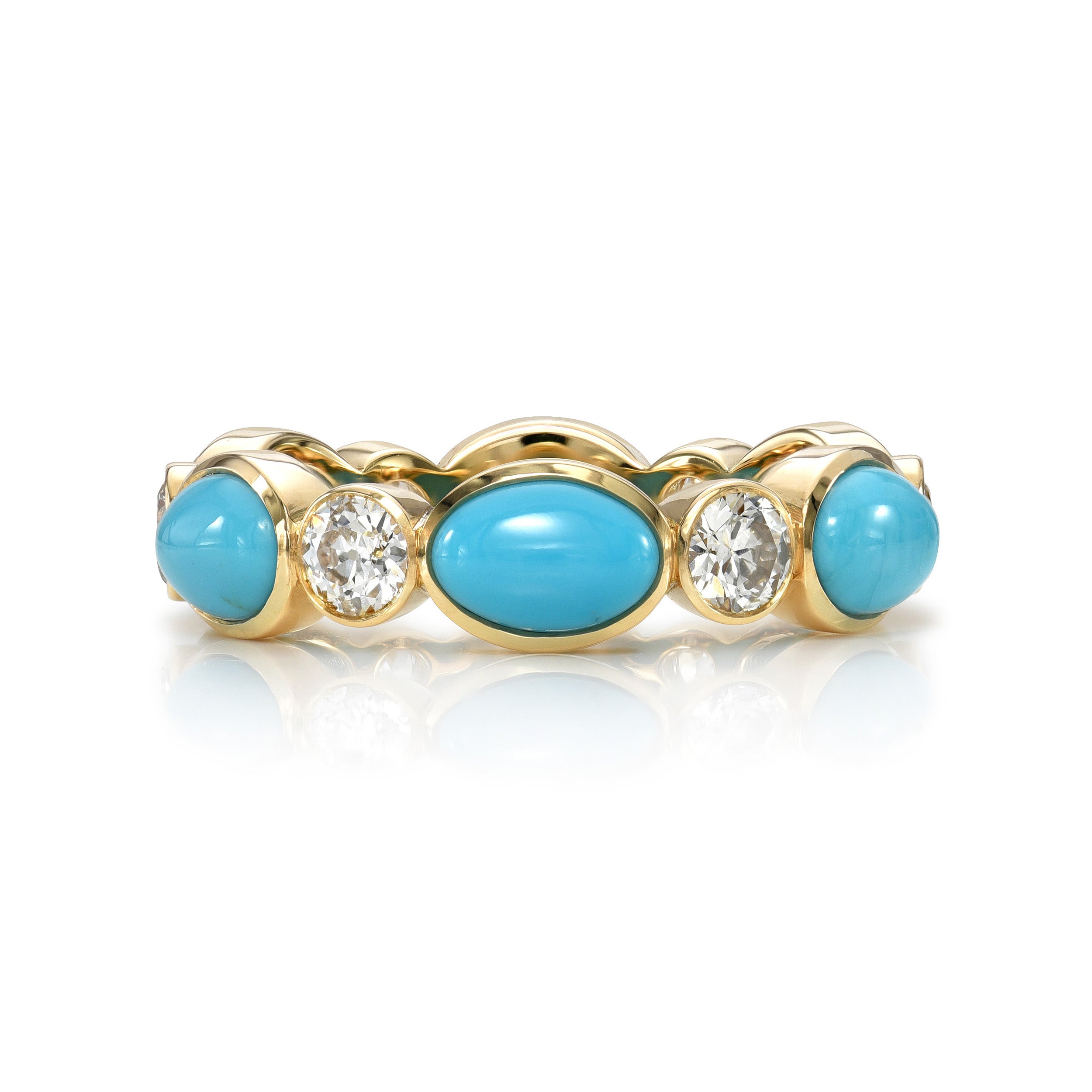 SINGLE STONE QUINN BAND | Approximately 0.90ctw G-H/VS-SI old European cut diamonds and alternating natural oval turquoise cabochons set in a handcrafted 18K gold eternity band. Approximate band width 5mm. Please inquire for additional customization.