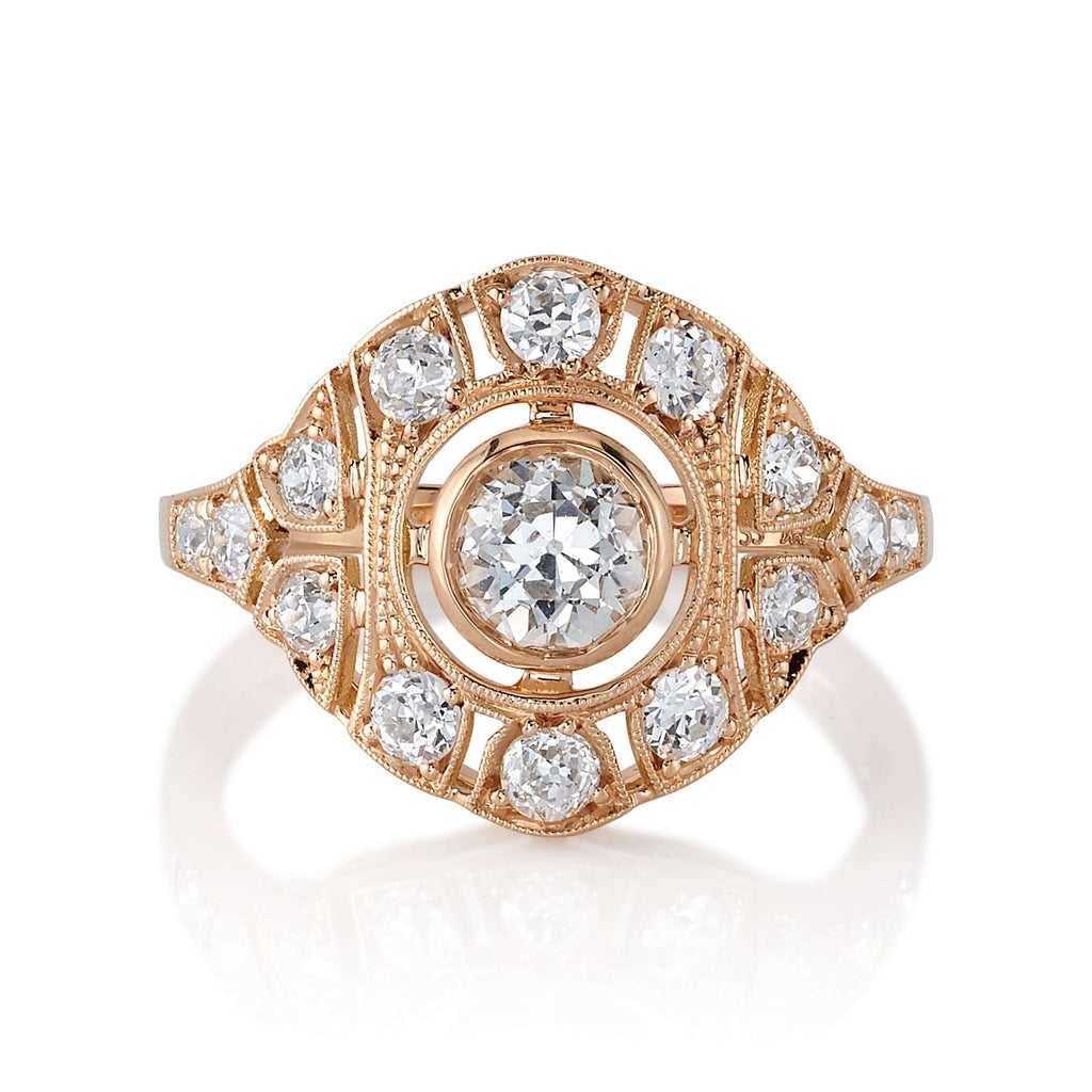 Single Stone's RENEE ring  featuring 0.58ct J/SI2 GIA certified old European cut diamond with 0.71ctw old European cut accent diamonds set in a handcrafted 18K rose gold mounting.
