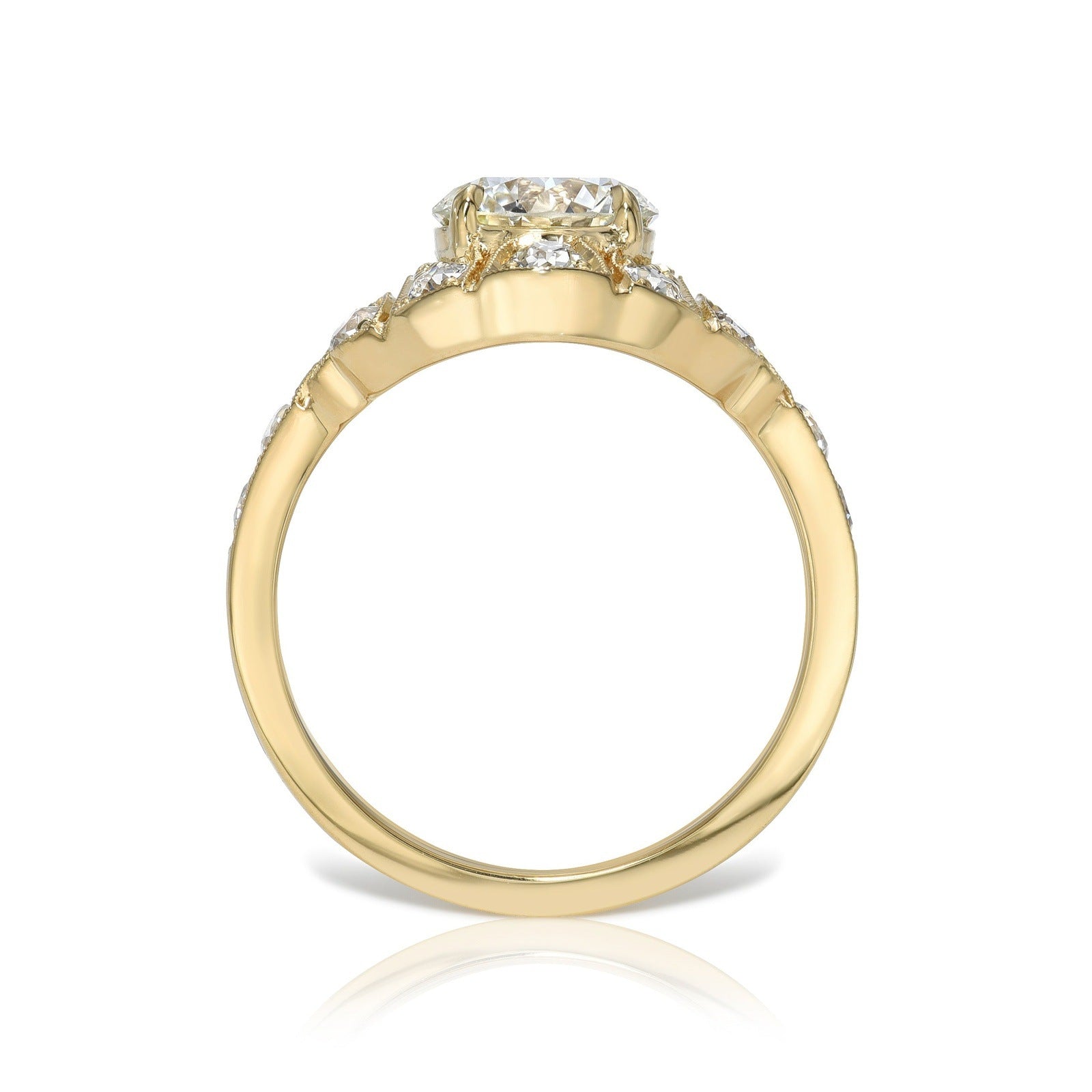 SINGLE STONE RENEE RING featuring 1.33ct H/VS1 GIA certified transitional cut diamond prong set with 0.78ctw old European cut accent diamonds set in a handcrafted 18K yellow gold mounting.