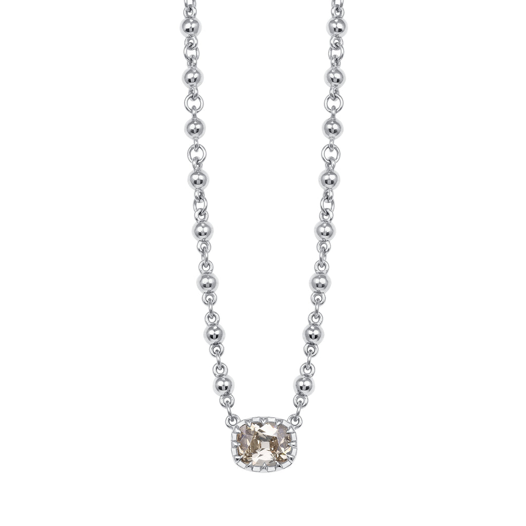 Single Stone's ROSALINA NECKLACE  featuring 1.41ct Fancy Dark Brown/I1 GIA certified antique Cushion cut diamond prong set on a handcrafted 18K champagne white gold pendant necklace. Necklace measures 17&quot;.
