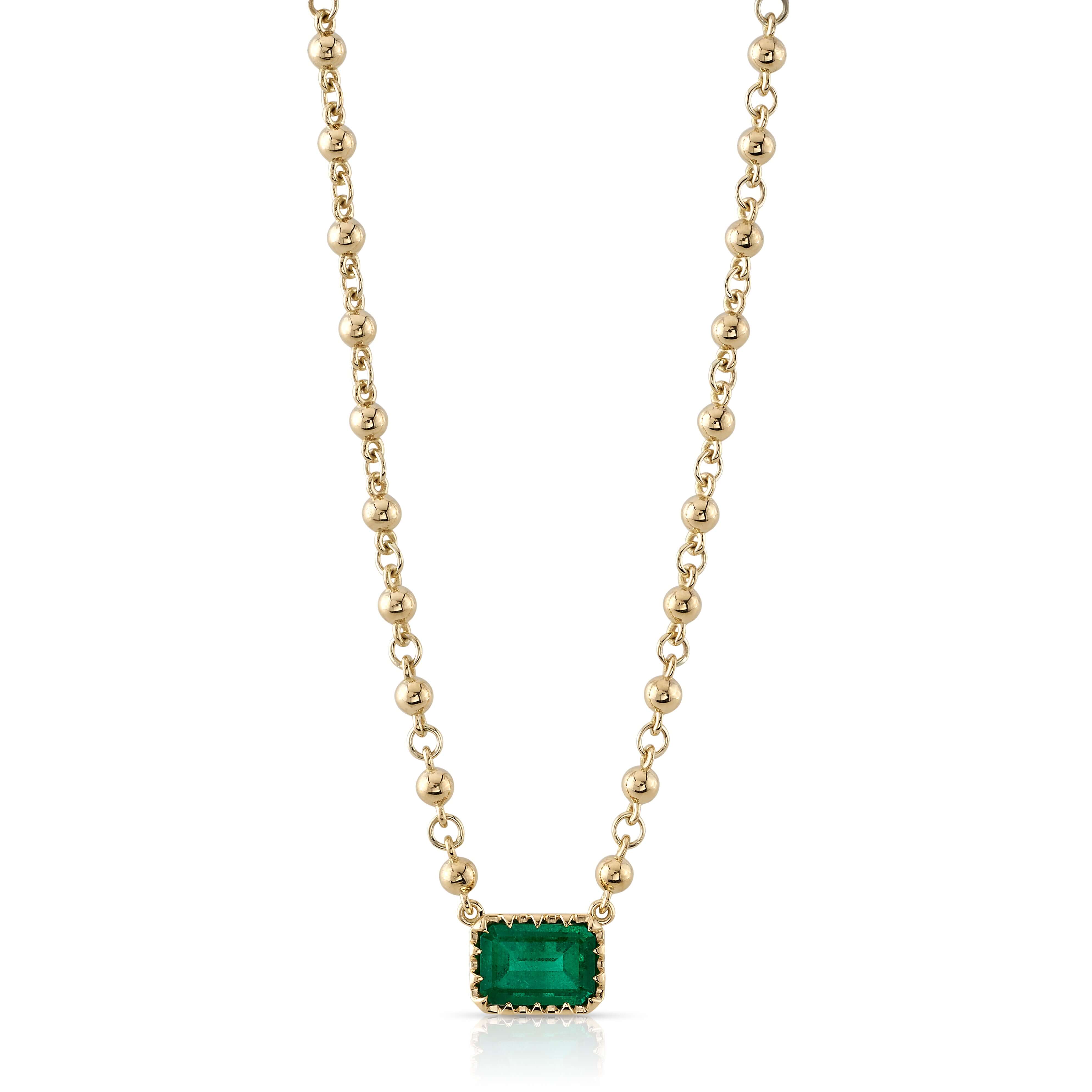 SINGLE STONE ROSALINA NECKLACE featuring 2.75ct emerald cut green emerald prong set on our handcrafted 18K yellow gold rosary chain. Necklace measures 17".