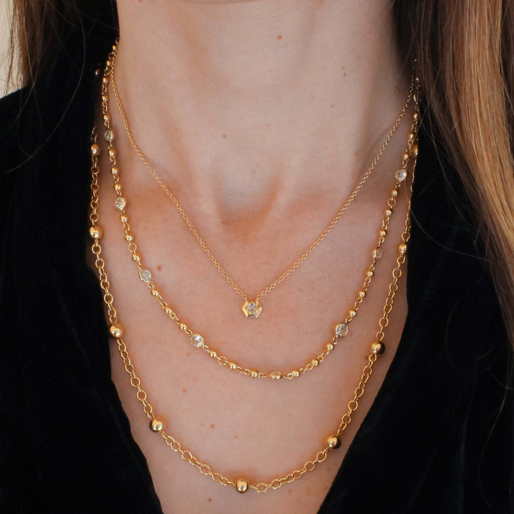 Single Stone's NATASHA NECKLACE  featuring Handcrafted 18K yellow gold link and bead necklace. Available in multiple lengths. Length shown is 16.5&quot;.
