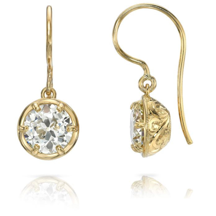 SINGLE STONE SAMARA DROPS | Earrings featuring 3.21ctw N-P/VS1-VS2 GIA certified old European cut diamonds prong set in handcrafted 18K yellow gold engraved drop earrings.