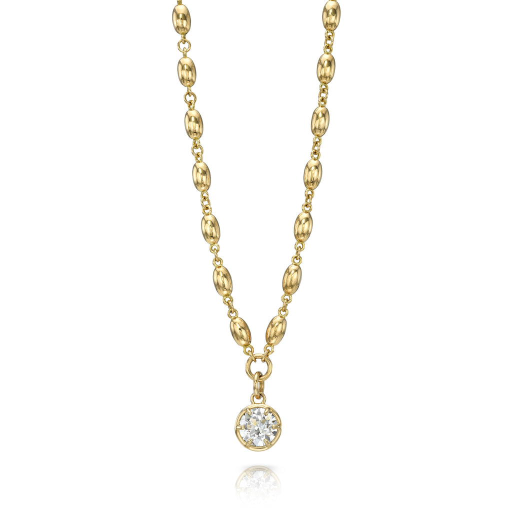 
Single Stone's Samara necklace ring  featuring 1.73ct L/SI1 GIA certified old European cut diamond prong set on our handcrafted Dorothy Necklace in 18K yellow gold.
Necklace measures 17".
