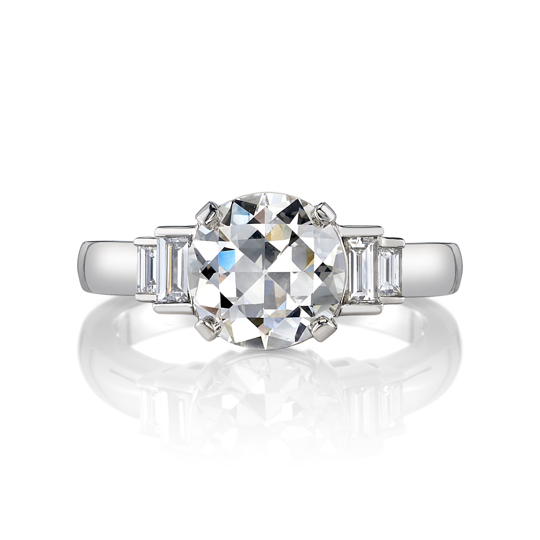 SINGLE STONE SCOUT RING featuring 2.03ct H/VVS2 GIA certified old European cut diamond with 0.31ctw baguette cut diamond accents set in a handcrafted platinum mounting.