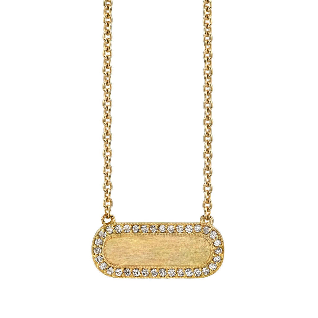 Single Stone's MILO NECKLACE  featuring Vintage inspired yellow gold bar necklace. Necklace measures 17&quot;. Make it personal!  Price includes monogrammed engraving of up to three letters in any of the styles shown above - please be sure to specify before placing your order. Please contact us to inquire about additional customization.
