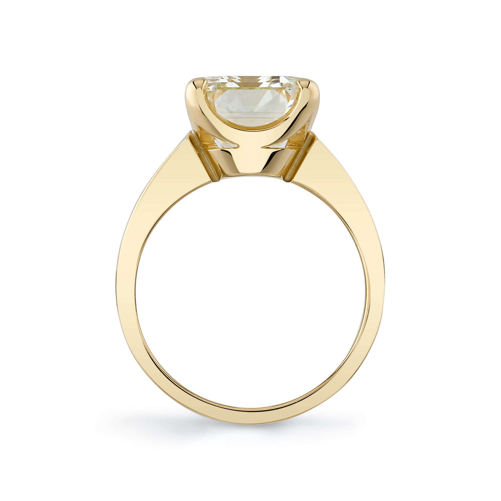 Single Stone's SIMONE ring  featuring 6.00ct N/VS1 GIA certified rare antique emerald cut diamond prong set in a handcrafted 18K yellow gold mounting.
