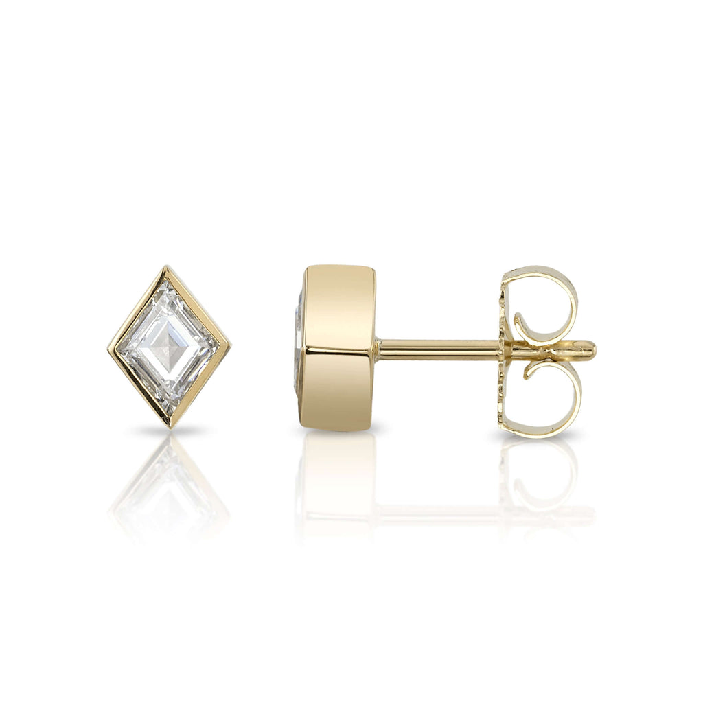 Single Stone's SLOANE STUDS earrings  featuring 0.61ctw K/VS1 lozenge cut diamonds bezel set in handcrafted 18K yellow gold stud earrings.
