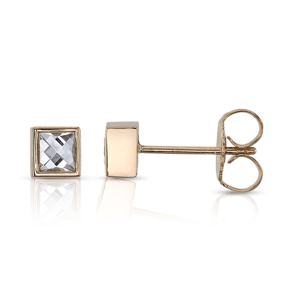 Single Stone's SLOANE STUDS earrings  featuring Approximately 0.35-0.45ctw J-K/VS French cut diamonds bezel set in handcrafted stud earrings.
