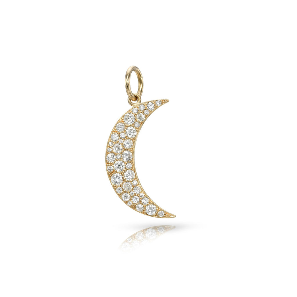 Single Stone's SMALL COBBLESTONE CRESSIDA pendant  featuring Approximately 1.60ctw varying old cut and round brilliant cut diamonds prong set in a handcrafted 18K yellow gold crescent moon-shaped pendant. Available in a polished or oxidized finish.
