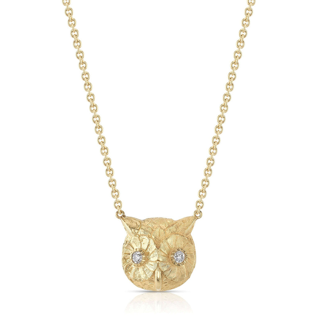 Single Stone's OWL PENDANT NECKLACE  featuring 0.11ctw G-H/VS old European cut diamonds set in a handcrafted 18K yellow gold owl pendant necklace. Available in a polished or oxidized finish. Necklace measures 16&quot;.
