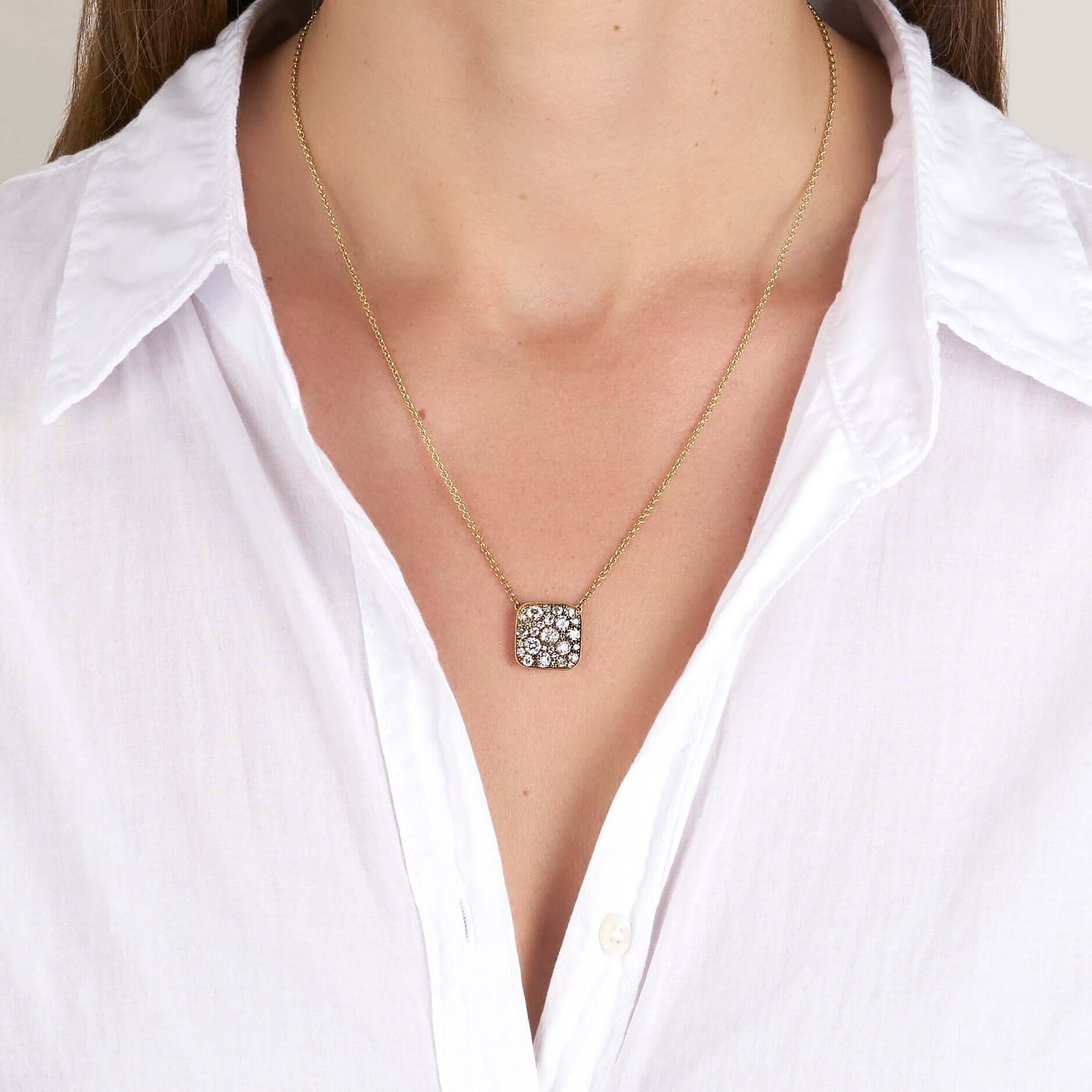 SINGLE STONE SQUARE COBBLESTONE PENDANT NECKLACE featuring Approximately 2.00ctw various old cut and round brilliant cut diamonds set in a handcrafted 18K yellow gold pendant. Price may vary according to total diamond weight. Available in an oxidized or p