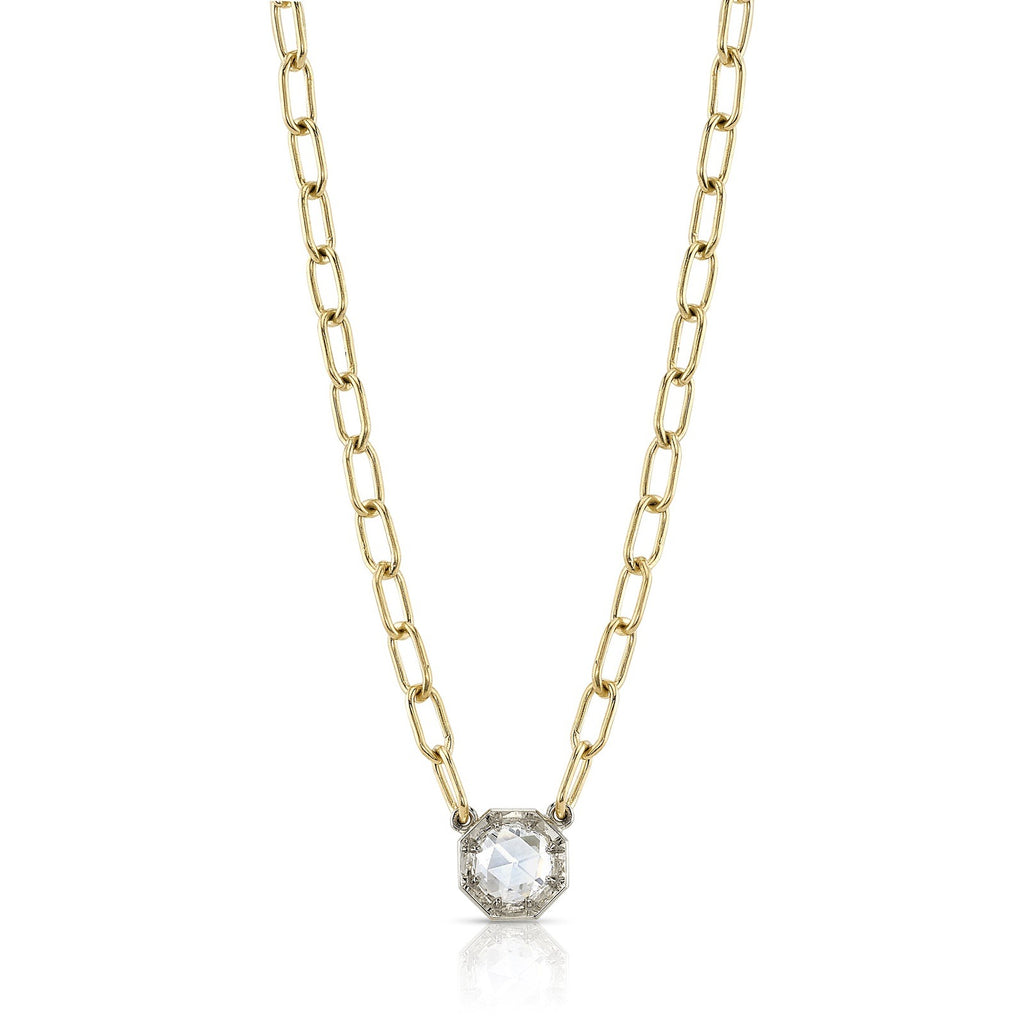 
Single Stone's Summer necklace band  featuring 0.64ct F/VS1 GIA certified rose cut diamond prong set in a handcrafted 18K yellow and champagne white gold pendant necklace.
Necklace measures 17".


