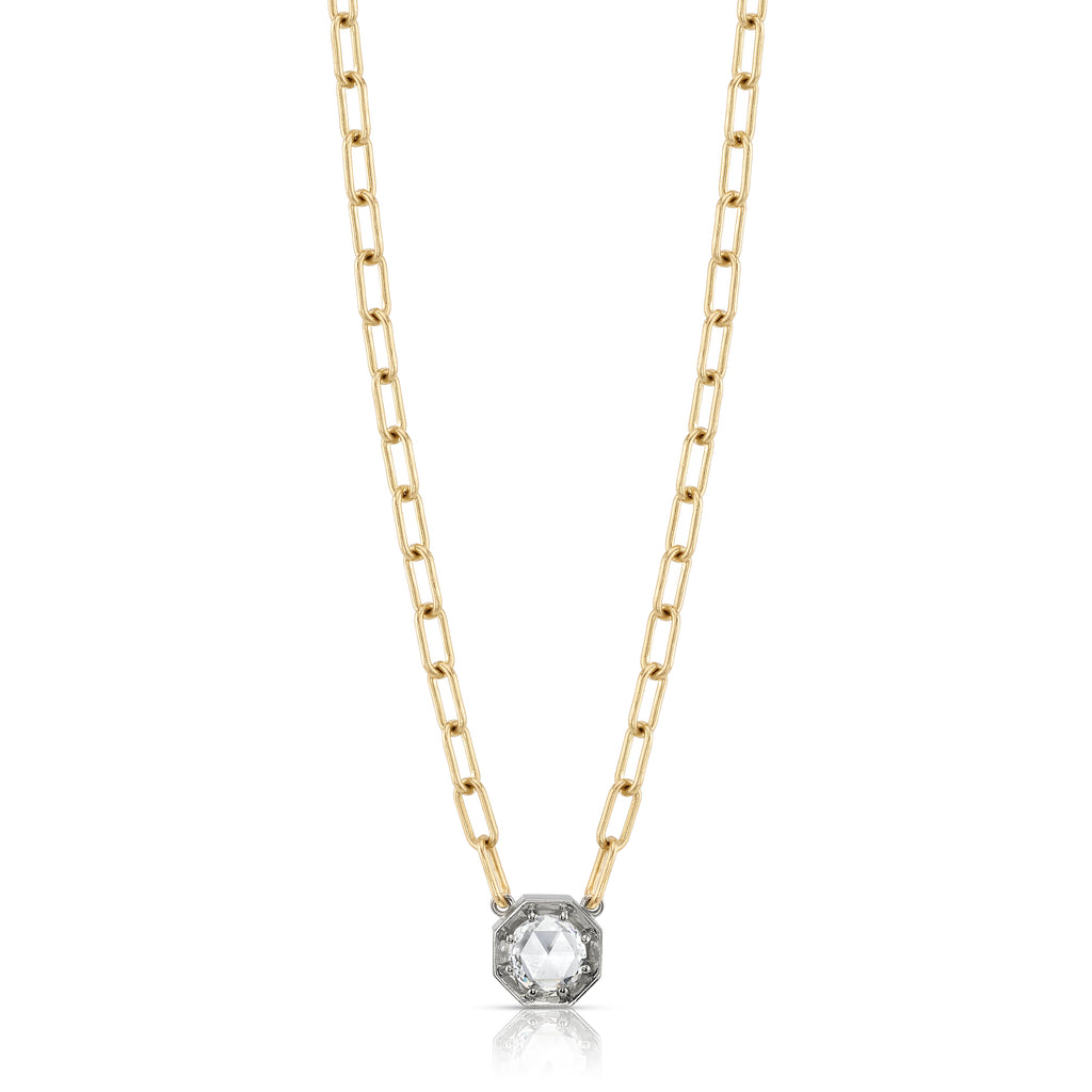 
Single Stone's Summer necklace pendant  featuring 0.66ct E/SI1 GIA certified rose cut diamond prong set in a handcrafted 18K yellow and champagne white gold pendant necklace.
Necklace measures 17".

