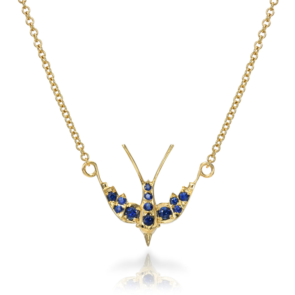 Single Stone's SMALL SWALLOW NECKLACE WITH GEMSTONES  featuring Approximately 0.35ctw old European cut color gemstones prong set in a handcrafted 18K yellow gold swallow pendant necklace.  Necklace measures 17&quot;.
