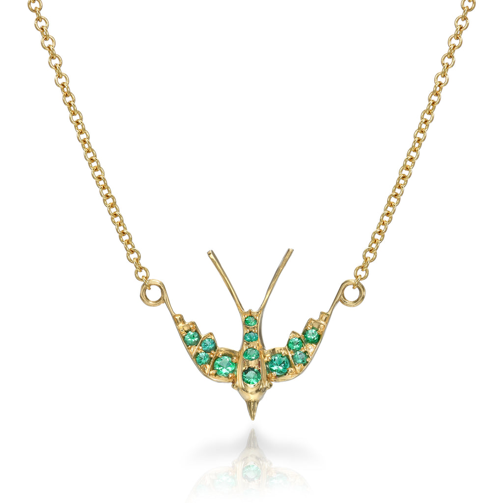Single Stone's SMALL SWALLOW NECKLACE WITH GEMSTONES  featuring Approximately 0.35ctw old European cut color gemstones prong set in a handcrafted 18K yellow gold swallow pendant necklace.  Necklace measures 17&quot;.
