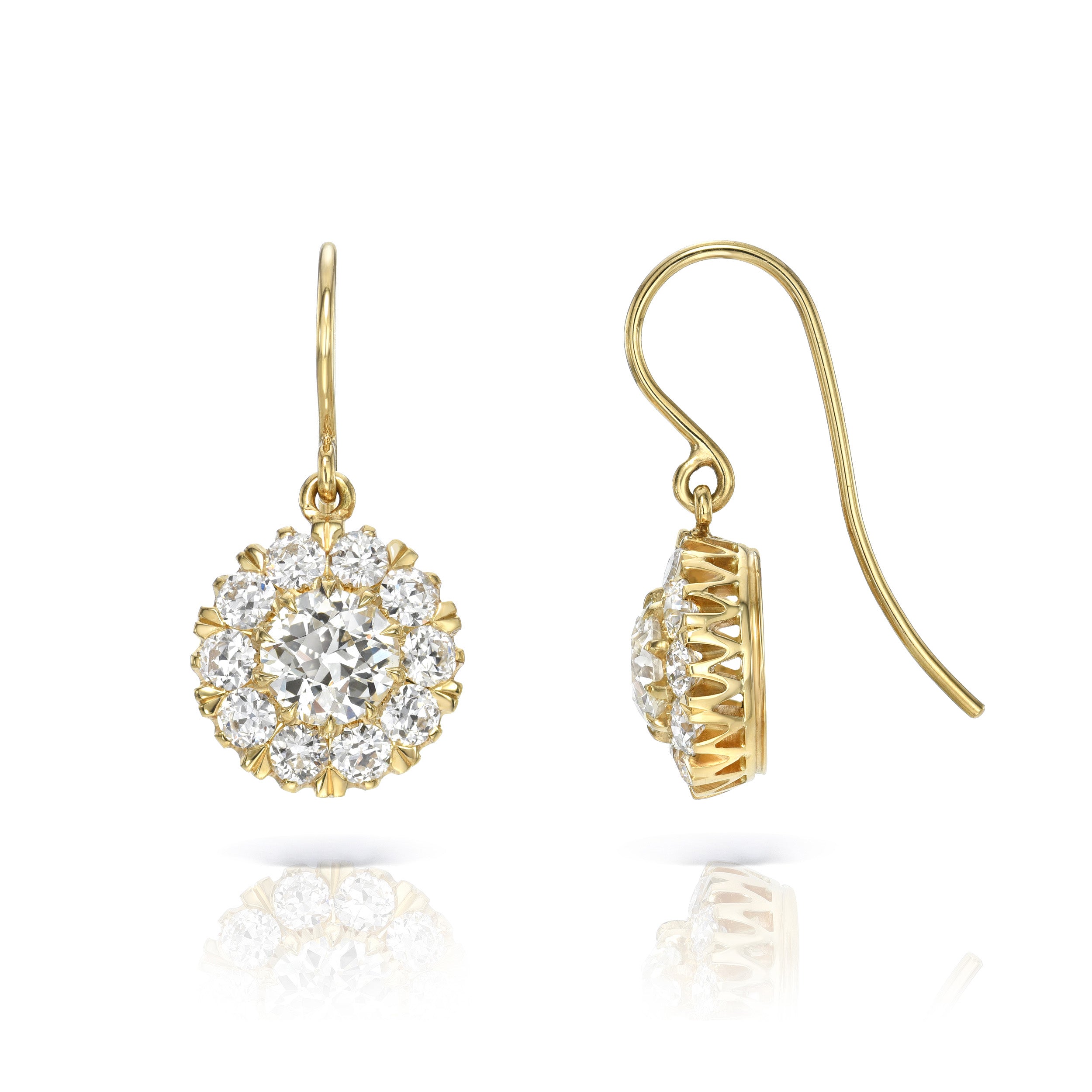 SINGLE STONE TALIA DROPS | Earrings featuring 1.58ctw J-L/VS2-SI2 GIA certified old European cut diamonds with 1.58ctw old European cut accent diamonds prong set in handcrafted 18K yellow gold drop earrings.