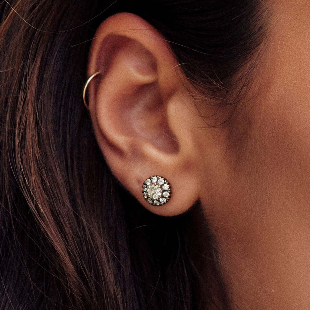 Single Stone's TALIA STUDS earrings  featuring 0.66ctw G-H/VS old European cut diamonds prong set in handcrafted oxidized 18K yellow and champagne gold cluster stud earrings. 
