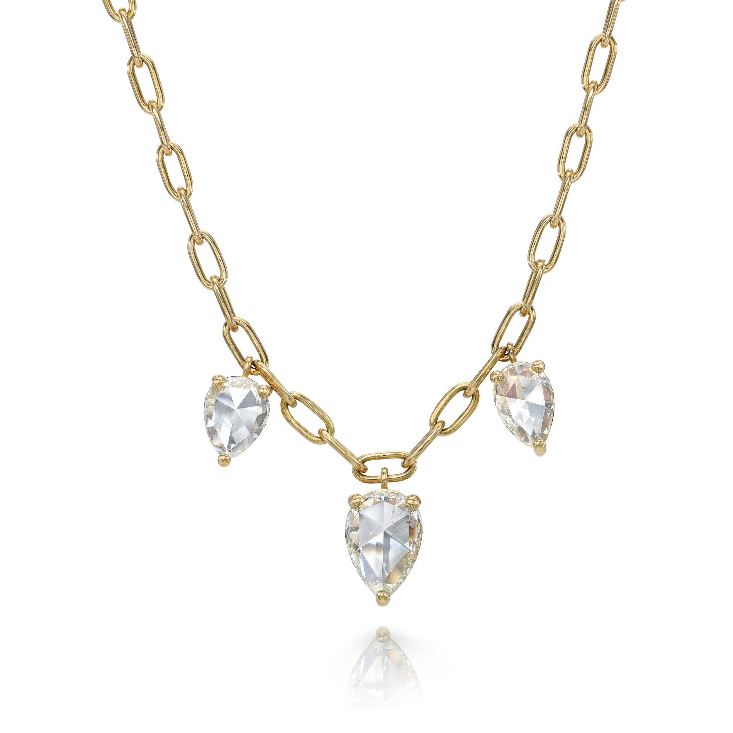 SINGLE STONE THREE STONE CAILYN NECKLACE featuring 4.12ctw O-P/VS-I1 pear shaped rose cut diamonds prong set on a handcrafted 18K yellow gold pendant necklace. Necklace measures 17".