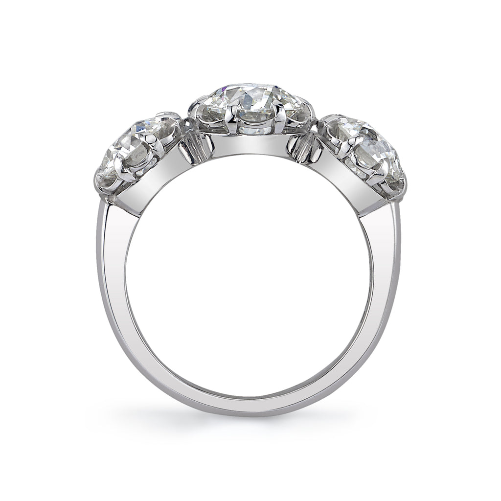 Single Stone's THREE STONE JOLENE ring  featuring 3.36ctw I-J/VS1-VS2 GIA certified old European cut diamonds set in a handcrafted platinum mounting.
