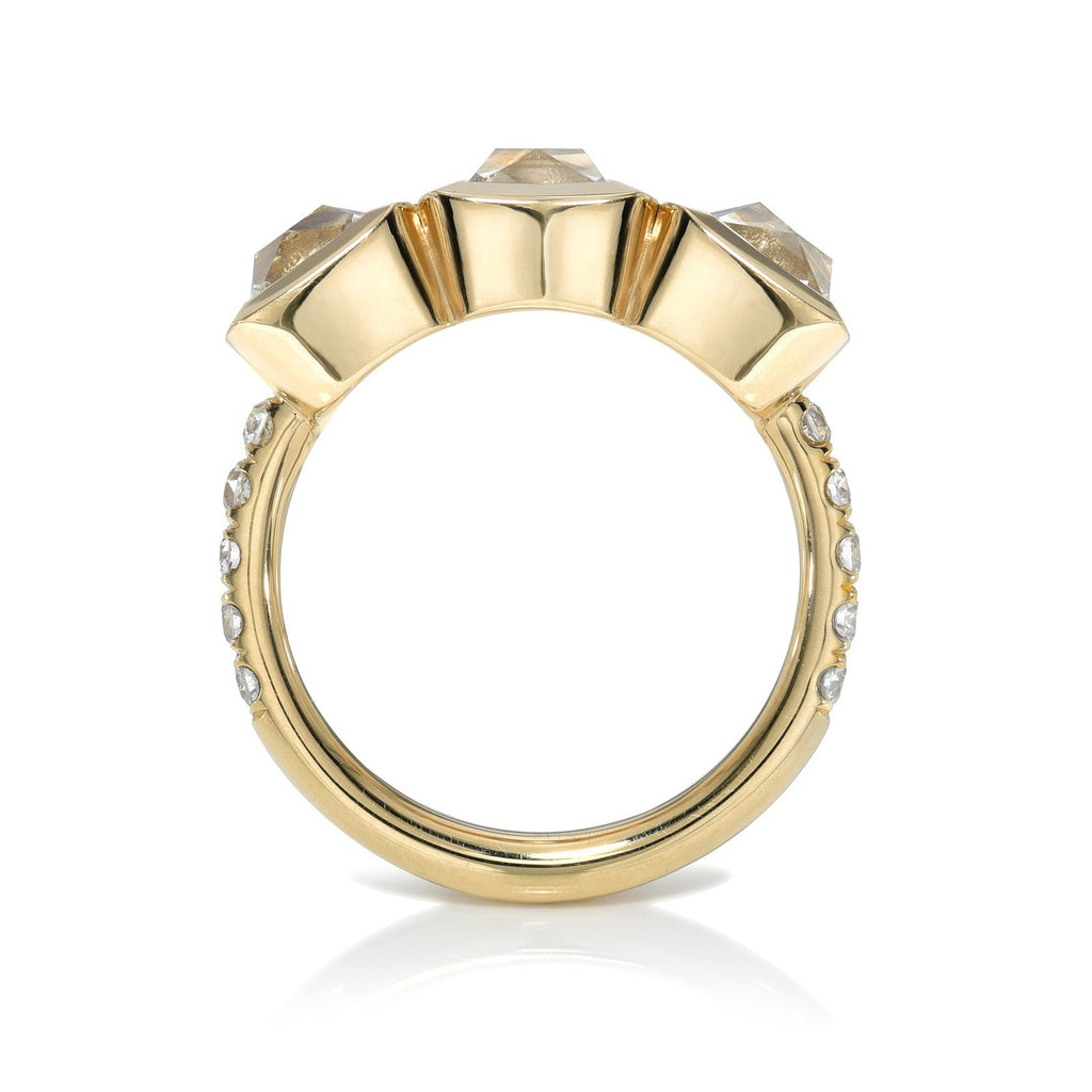 Single Stone's THREE STONE KARINA ring  featuring 2.76ctw F-G/VS2-SI1 GIA certified French cut diamonds with 0.31ctw old European cut accent diamonds set in a handcrafted 18K yellow gold mounting.

