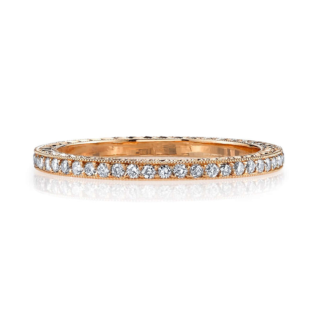 Single Stone's MOLLY band  featuring Approximately 0.40ctw G-H/VS old European cut diamonds pavé set in a handcrafted eternity band with engraved sidewalls. Approximate band with 1.6mm. Please inquire for additional customization.
