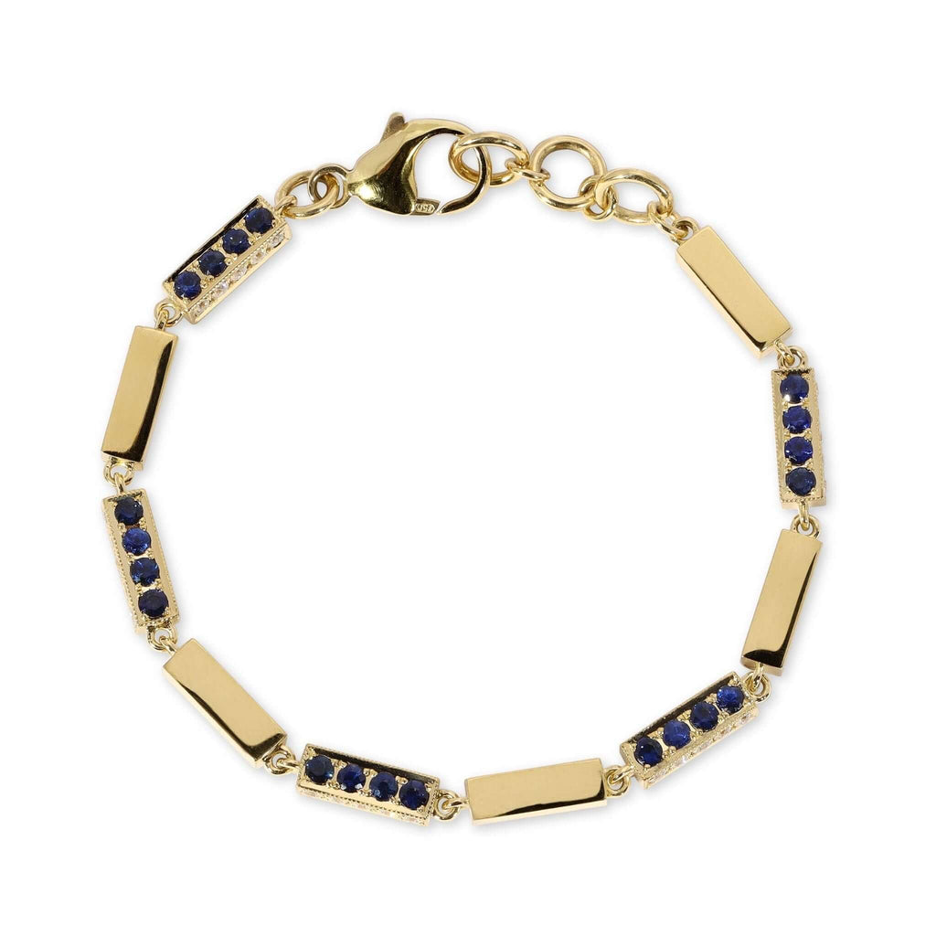 Single Stone's GIANA BRACELET WITH DIAMONDS AND GEMSTONES  featuring Approximately 1.25ctw G-H/VS old European cut diamonds with 2.75ctw round cut color gemstones set on a handcrafted 18K yellow gold full bar bracelet.  Bracelet measures 7.5&quot;
