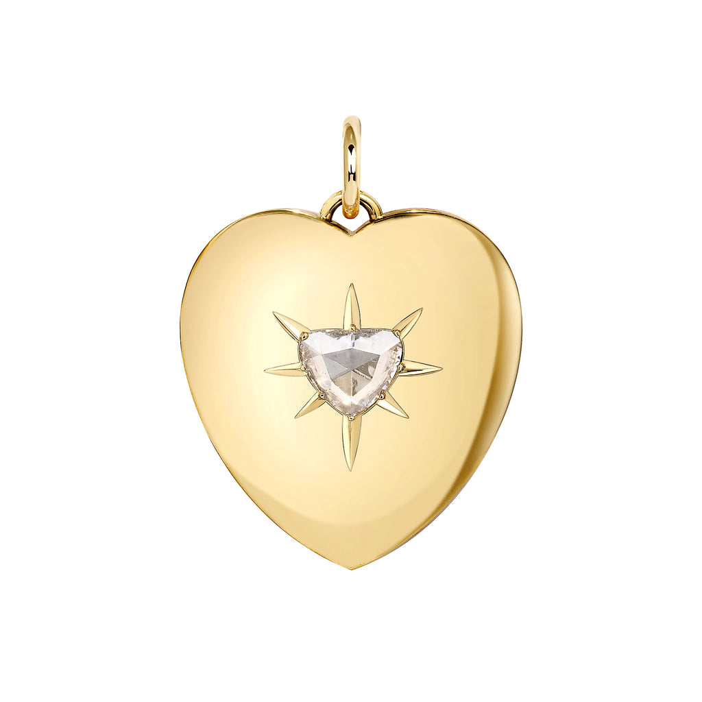 Single Stone's VALENTINA pendant  featuring 1.52ct I/I1 GIA certified heart shaped rose cut diamond prong set in a handcrafted high polish 18k yellow gold heart shaped pendant. Price does not include chain.
