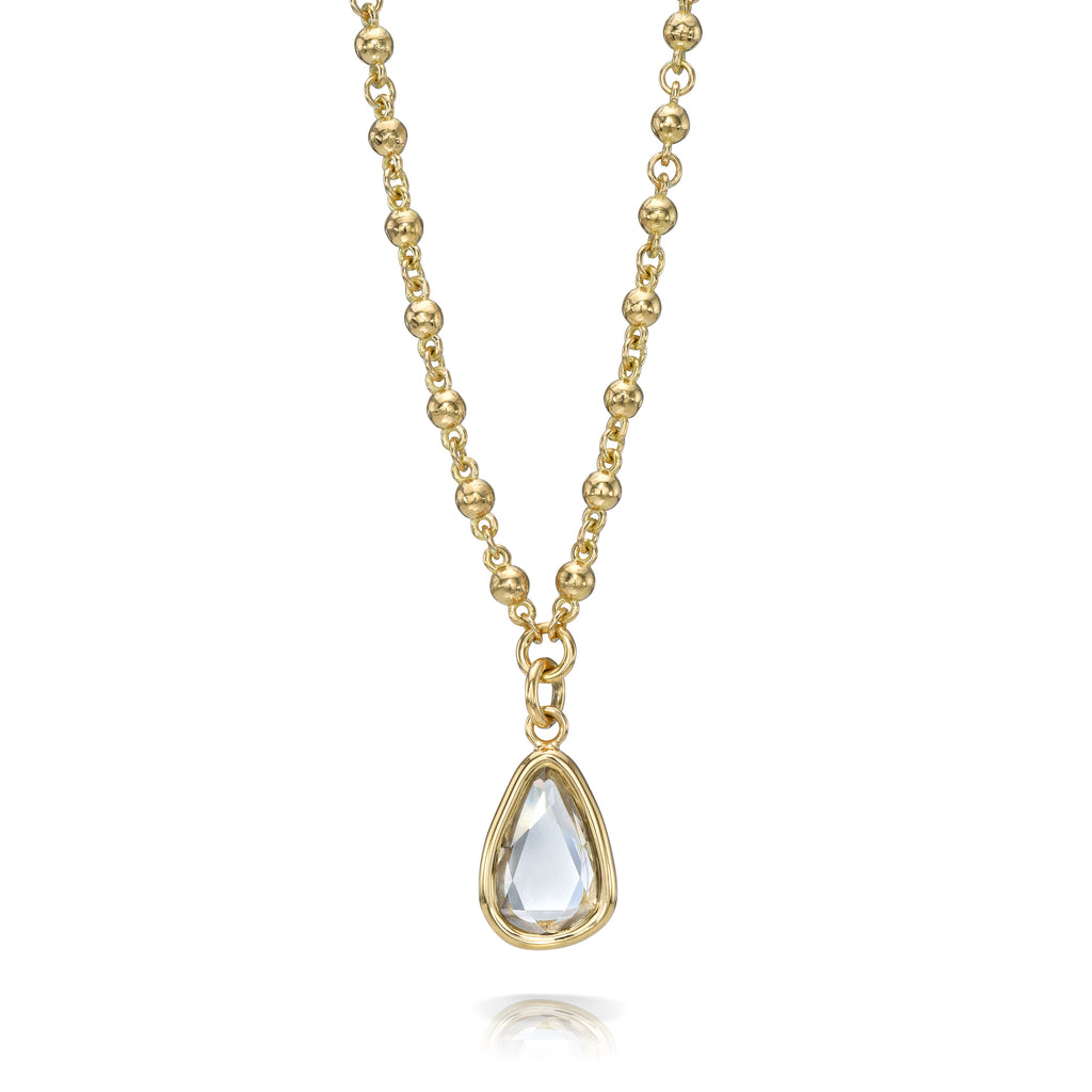 Single Stone's VEDA  featuring 2.39ct N/I1 GIA certified vintage pear shaped rose cut diamond bezel set on a handcrafted 18K yellow gold pendant necklace.
