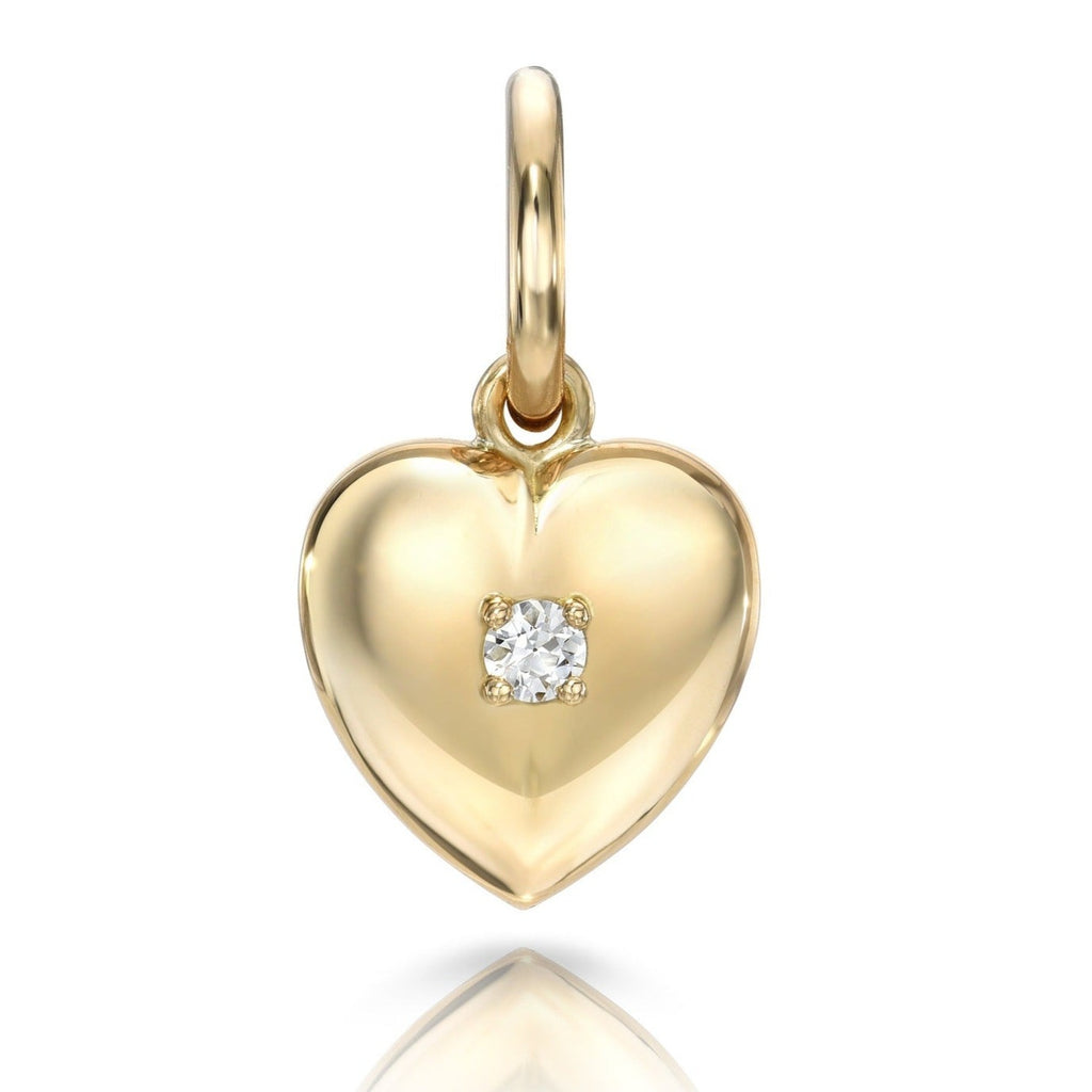 Single Stone's VIOLA WITH DIAMOND pendant  featuring 0.09ct I/VS2 old European cut diamond prong set in a handcrafted 18K yellow gold heart shaped pendant.
