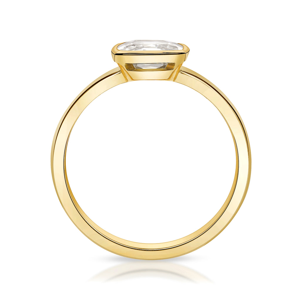 Single Stone's WYLER ring  featuring 0.97ct Q-R/SI1 antique cushion cut diamond bezel set in a handcrafted 18K yellow gold mounting.
