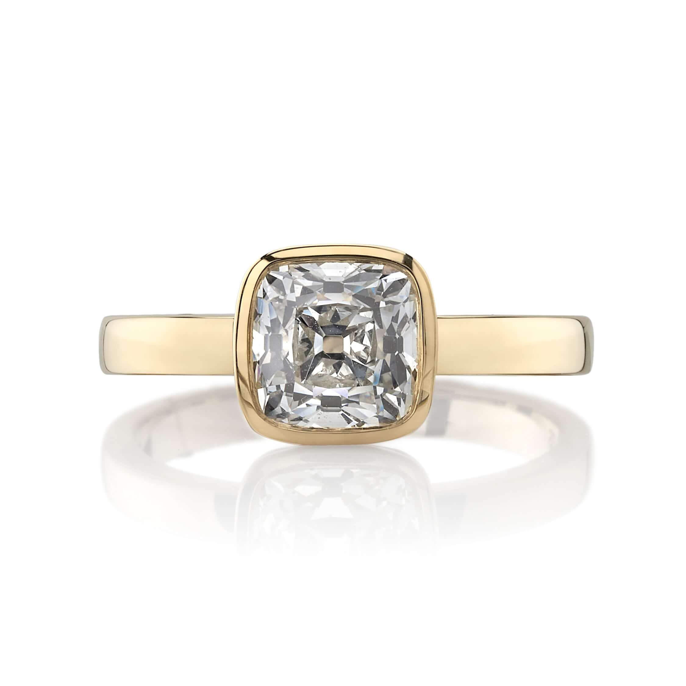 SINGLE STONE WYLER RING featuring 1.64ct I/VS1 GIA certified antique cushion cut diamond set in a handcrafted 18K yellow gold mounting.
