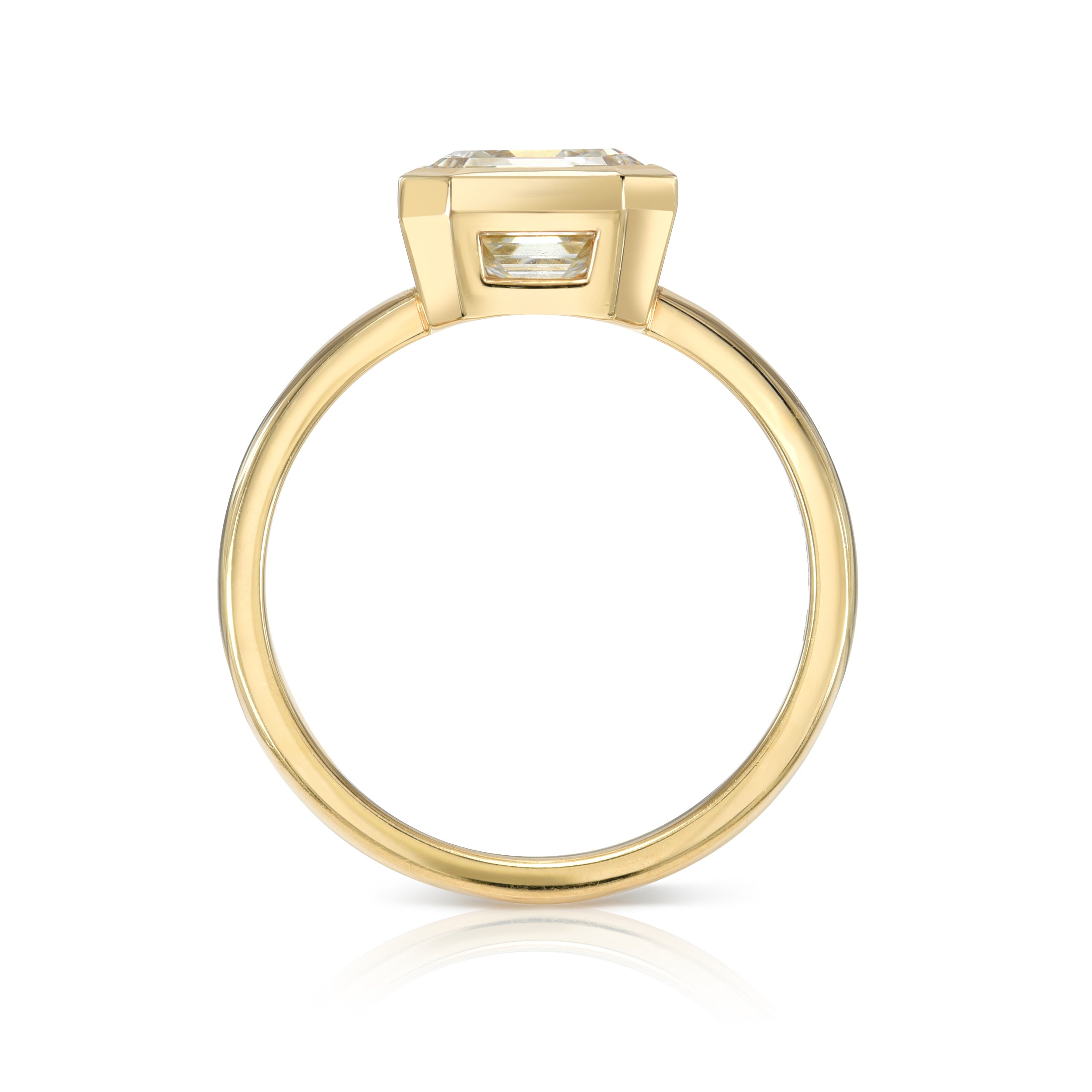 SINGLE STONE WYLER RING featuring 2.12ct L/VVS2 GIA certified Asscher cut diamond bezel set in a handcrafted 18K yellow gold mounting.