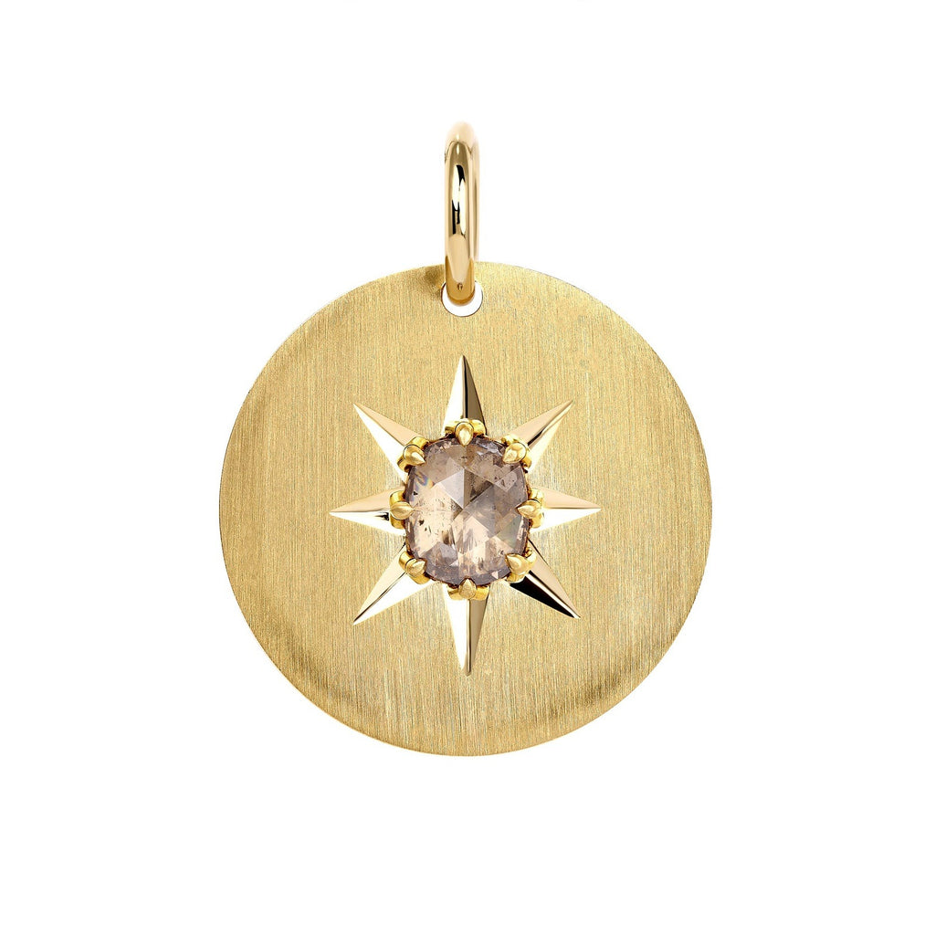 Single Stone's ZEPHYR pendant  featuring 0.93ct Brown/I1 mixed antique cushion cut/rose cut diamond prong set on a handcrafted 25mm 18K yellow gold round disc.
