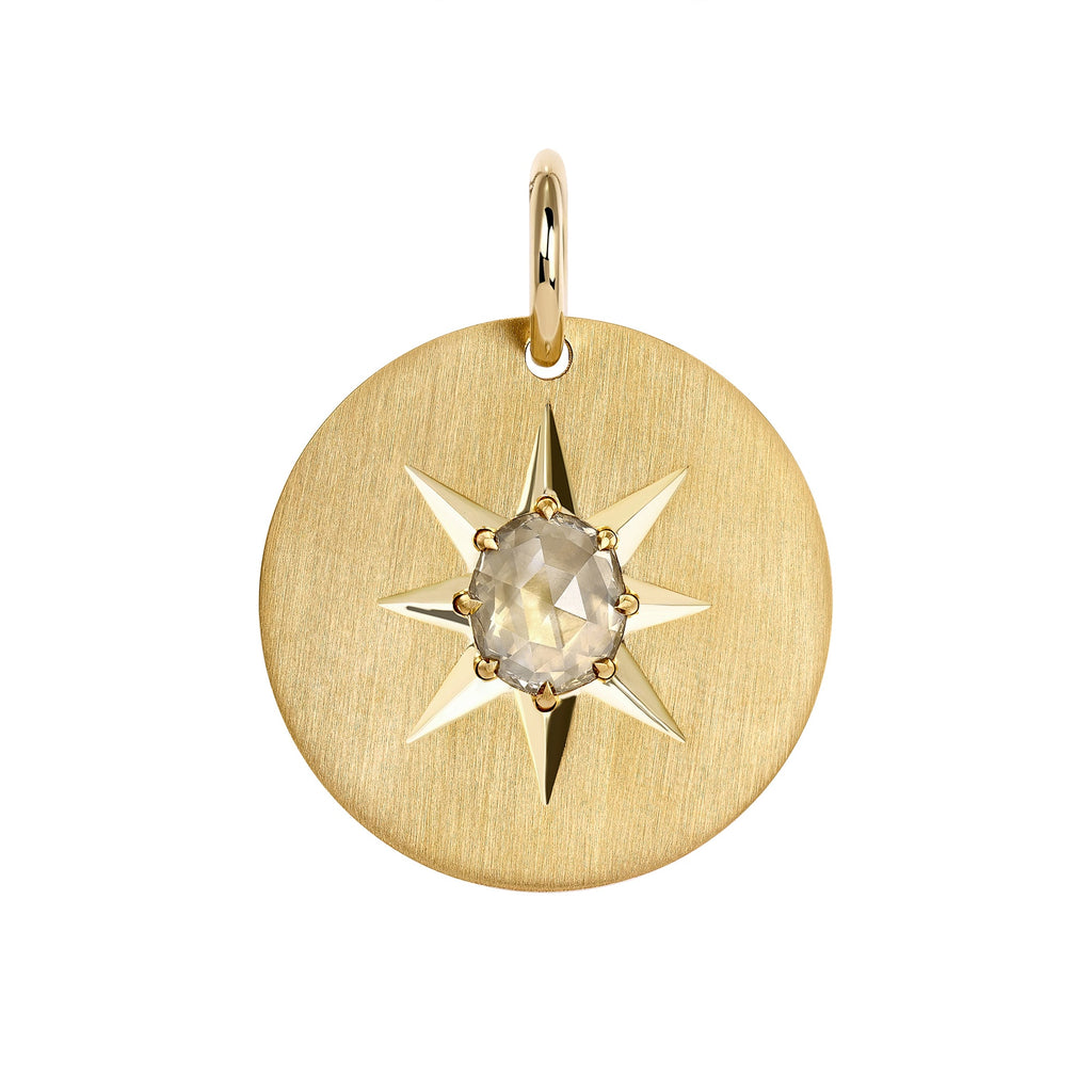 Single Stone's ZEPHYR pendant  featuring 0.97ct Gold/VS mixed oval shaped rose cut diamond prong set on a handcrafted 25mm 18K yellow gold round disc.
