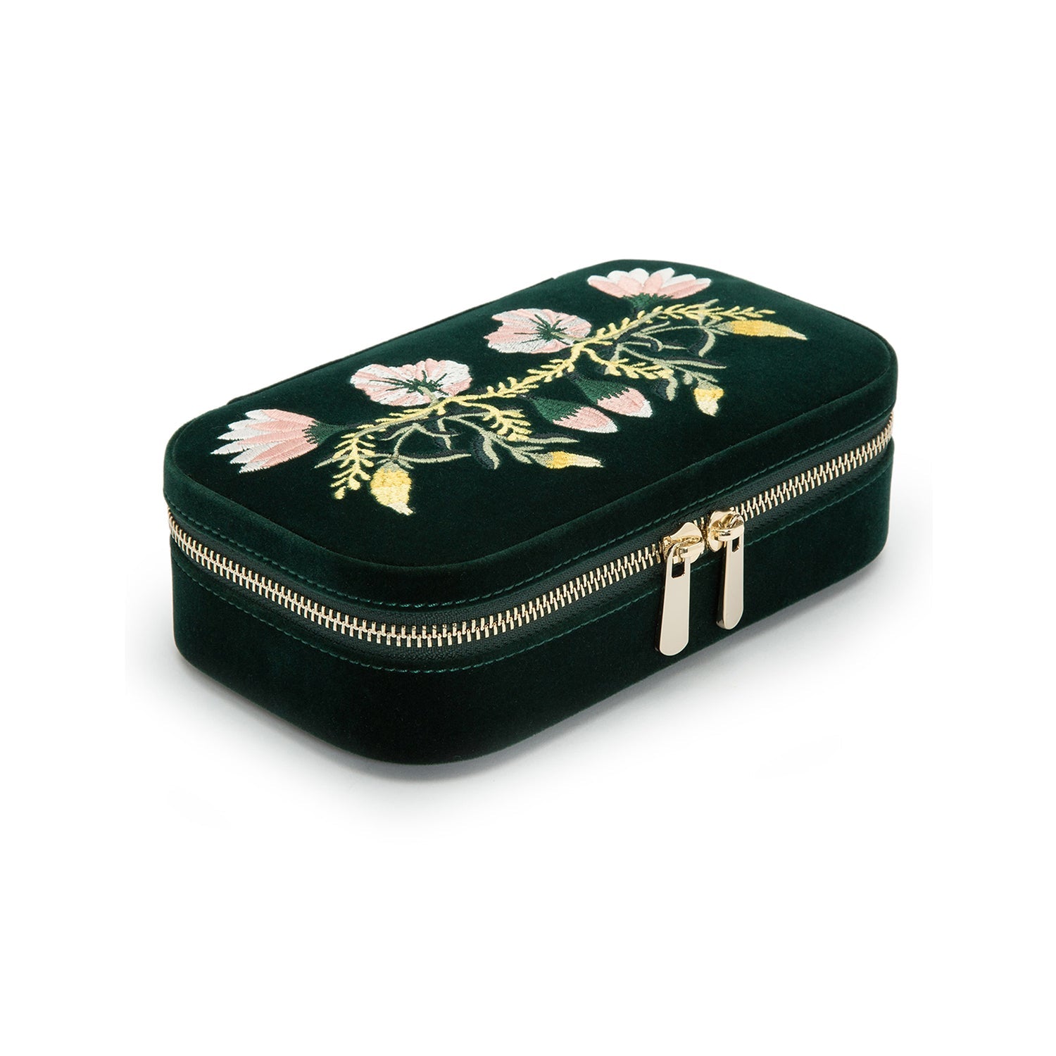 ZOE TRAVEL ZIP CASE, Forest green velvet Mirror, 3 ring rolls, medium compartment with cover, and 2 small compartments LusterLoc™: Allows the fabric lining the inside of your jewelry cases to absorb the hostile gases known to cause tarnishing. Under typic