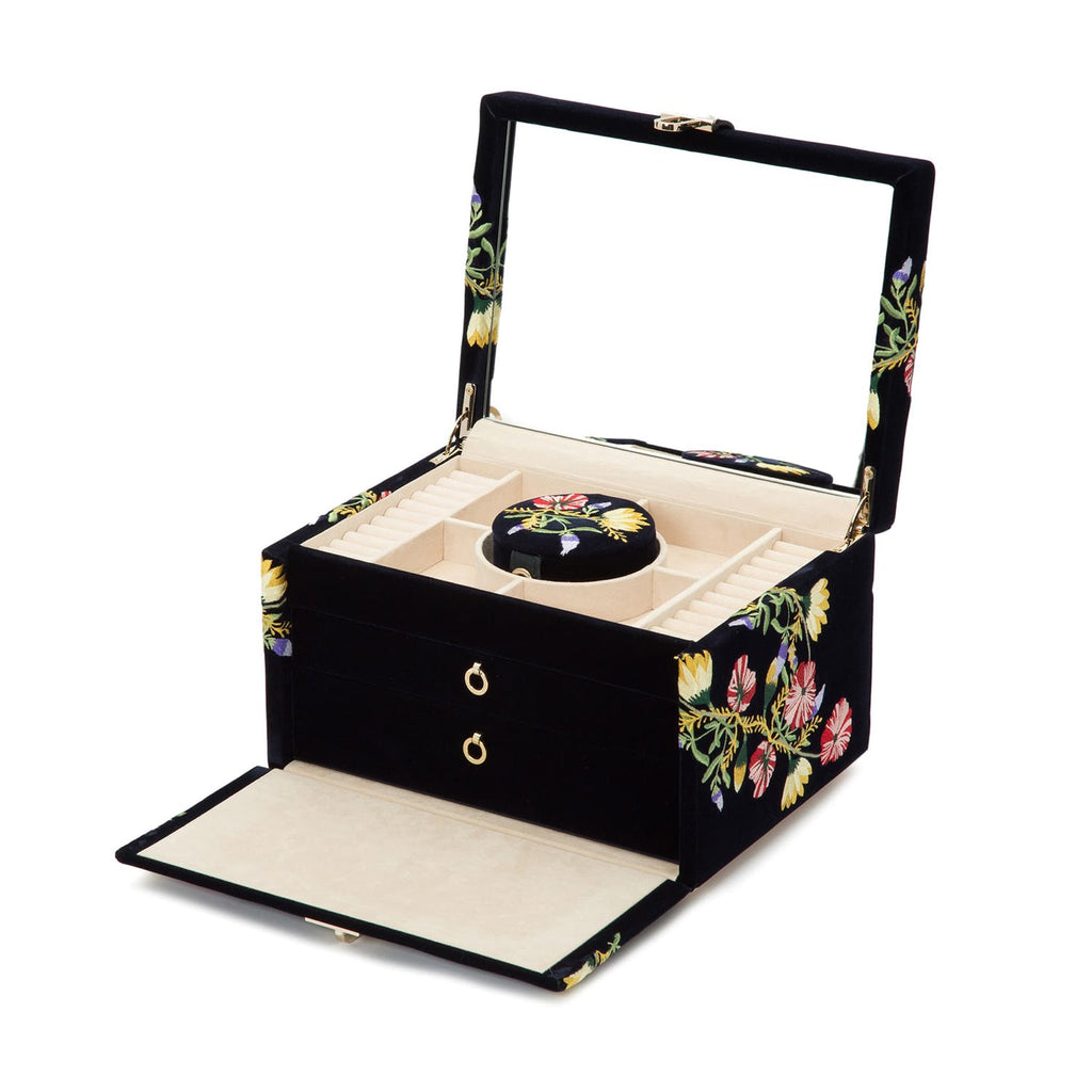 Single Stone's MEDIUM ZOE JEWELRY CASE  featuring Forest green velvet 10 small compartments: 4 medium compartments, 3 large compartments, 4 bracelet compartments, 4 bracelet/watch cuffs, and removable mini travel piece LusterLoc™: Allows the fabric lining the inside of your jewelry cases to absorb the hostile gases known to cause tarnishing. Under typical storage cond
