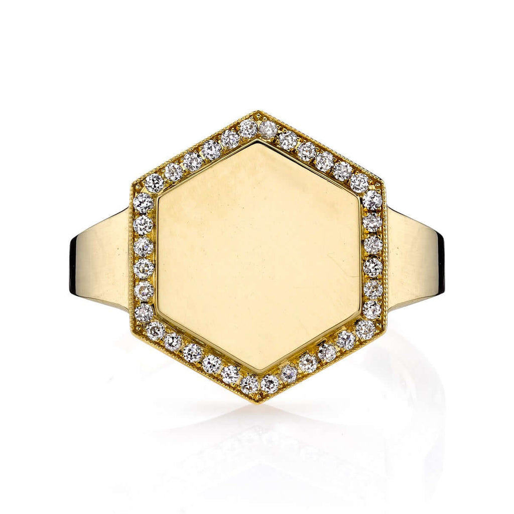 Single Stone's ZOE ring  featuring Vintage inspired 18K yellow gold hexagon signet ring. Available with or without diamonds. Price includes monogrammed engraving of up to three letters in any of the styles shown above - please be sure to specify before placing your order. Please contact us to inquire about additional customization.

