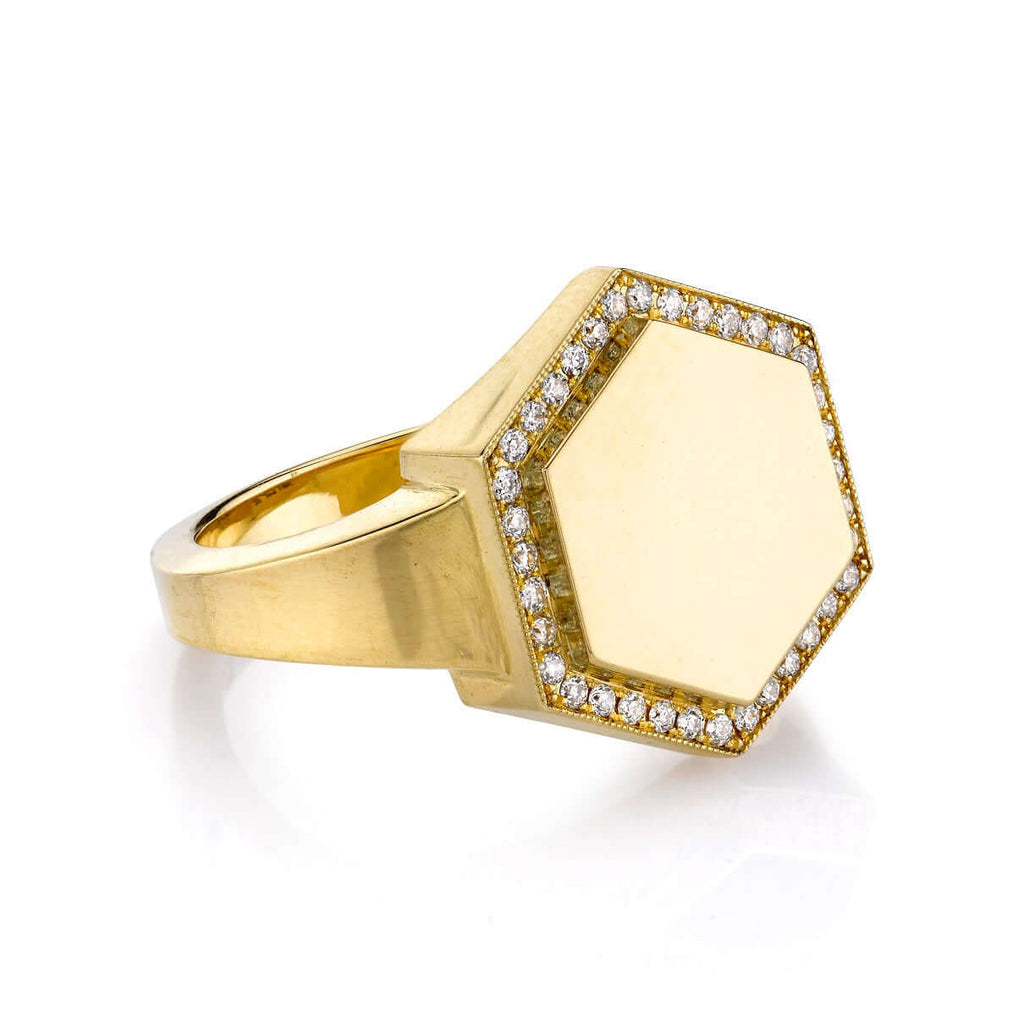 Single Stone's ZOE ring  featuring Vintage inspired 18K yellow gold hexagon signet ring. Available with or without diamonds. Price includes monogrammed engraving of up to three letters in any of the styles shown above - please be sure to specify before placing your order. Please contact us to inquire about additional customization.
