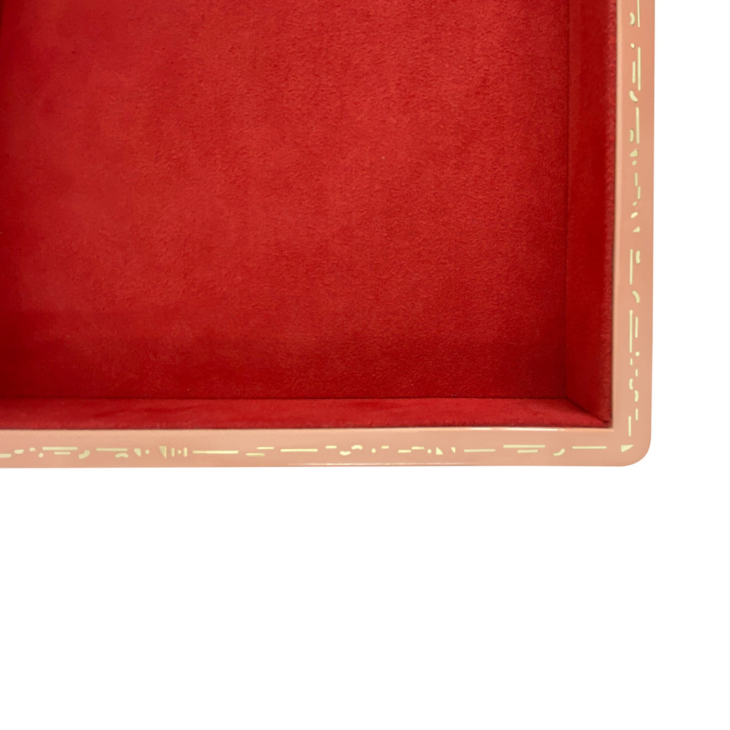Single Stone's LARGE STACKING JEWELRY TRAY - BLUSH  featuring Color: Blush with burnt terracotta interior Wood with high lacquer finish Features delicate gold effect inlay 38cm long, 22cm wide, 4.4cm high
